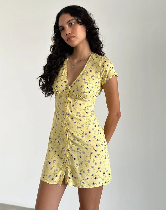 Women's Sheer Mesh Mini Dress-Omoni Mini Dress in Wild Flower Lemon Drop