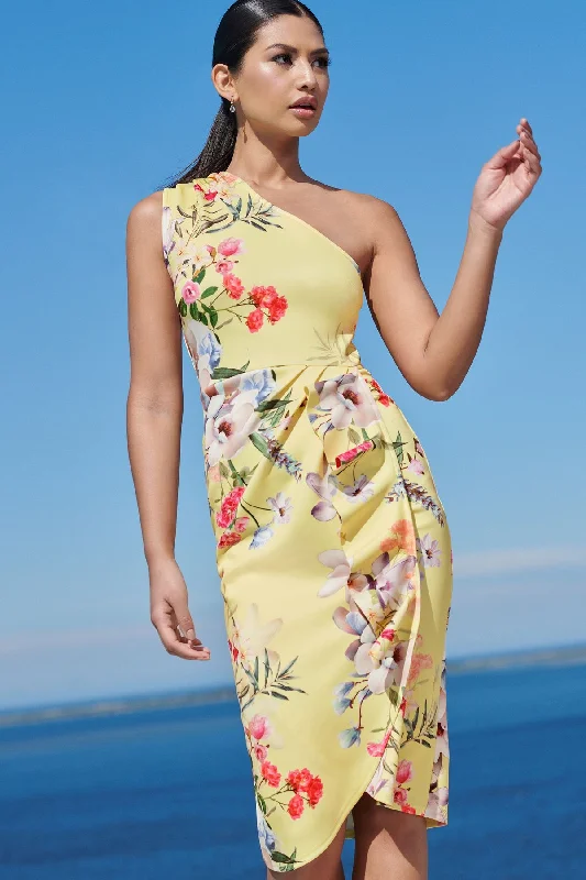 Women's Red Satin Bodycon Dress -One Shoulder Floral Bodycon Dress Yellow