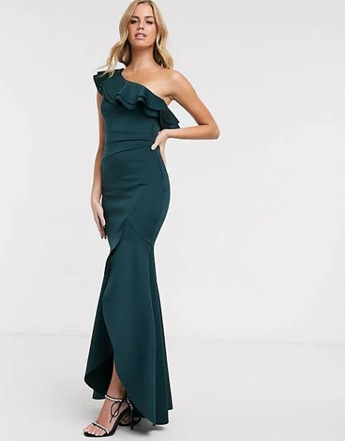 Women's Ruched Waist Maxi Dress-One Shoulder Maxi Dress Green