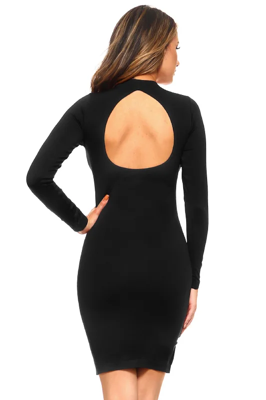 Women's Midi Bodycon Dress -Open Back Long Sleeve Bodycon Dress