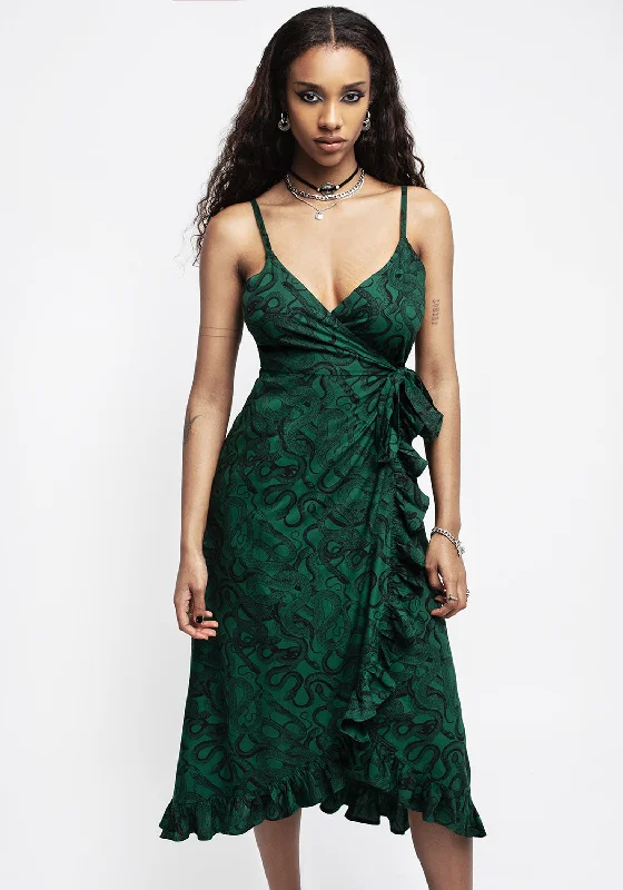 Wrap Dress with Adjustable Straps -Women's Wrap Dress for Holiday Party -Ophidia Snake Print Cami Midaxi Wrap Dress - Green Wrap Dress with Adjustable Straps -Women's Wrap Dress for Holiday Party -Ophidia Snake Print Cami Midaxi Wrap Dress - Green