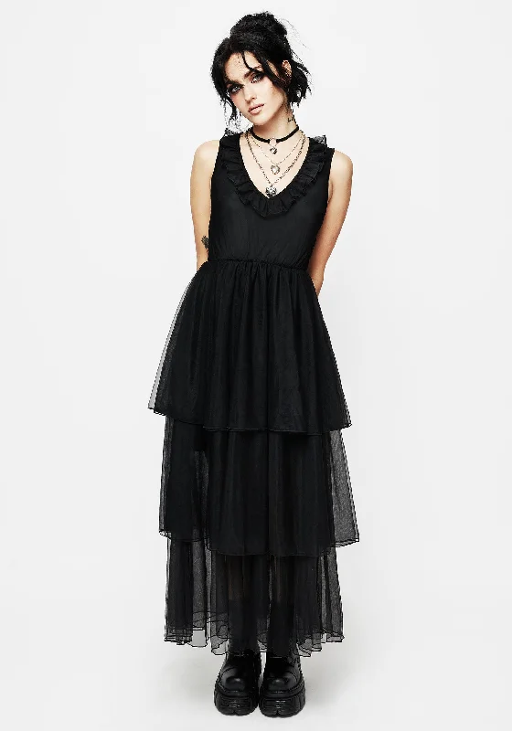 Women's Maxi Dress with Puff Sleeves-Opus Layered Tulle Apron Maxi Dress