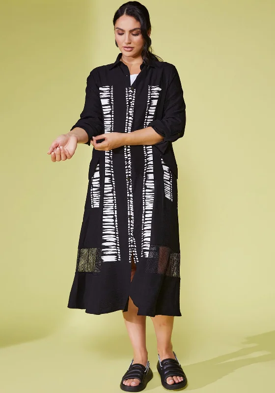 Everyday Casual Shirt Dress-Ora Abstract Print Netted Trim Midi Shirt Dress, Black