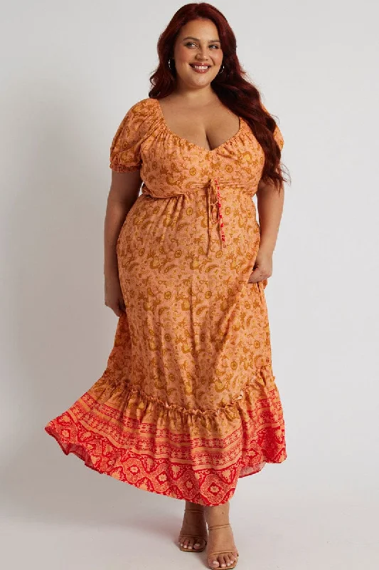 Women's Tie-back Maxi Dress-Orange Boho Puff Sleeve Boho Printed Maxi Dress High Low Hem Women's Tie-back Maxi Dress-Orange Boho Puff Sleeve Boho Printed Maxi Dress High Low Hem