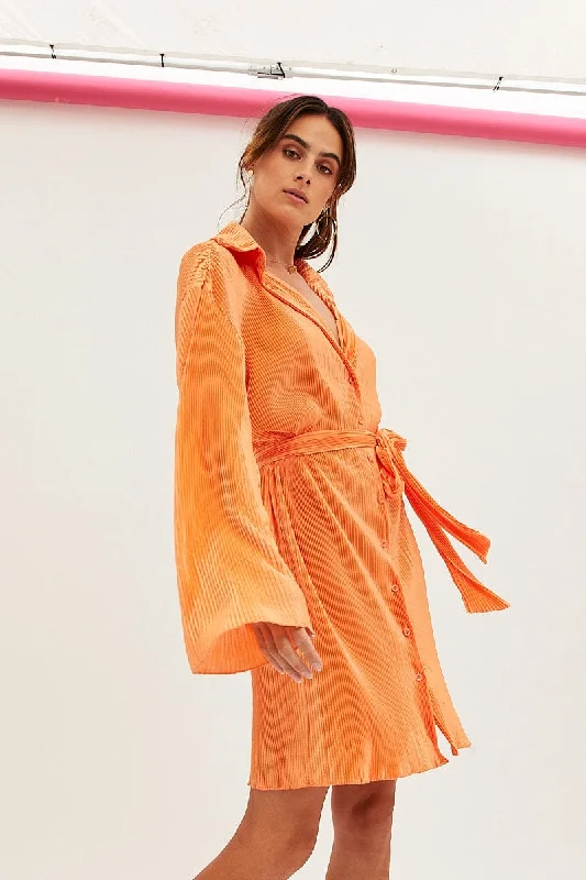 Embellished Long Shirt Dress-Orange Plisse Shirt Dress Front Button