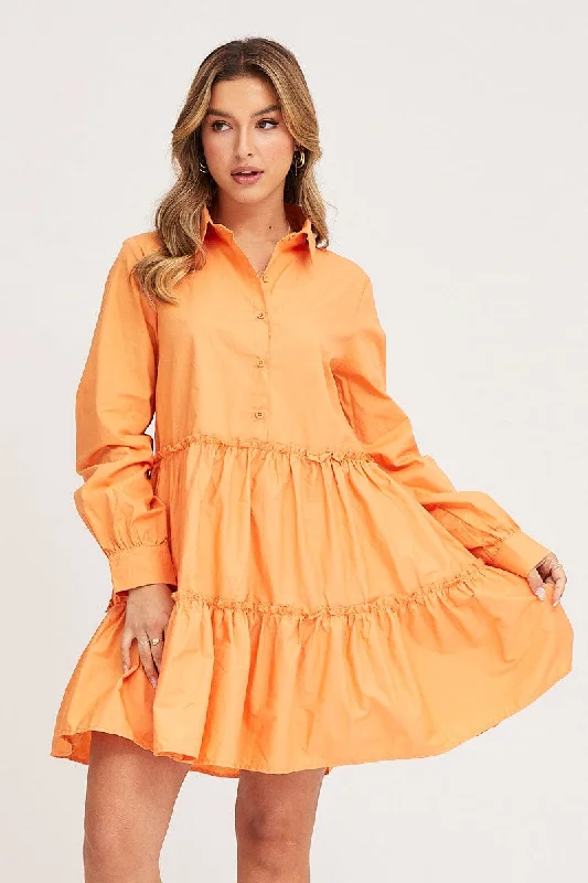 Tweed Shirt Dress-Orange Shirt Dress Long Sleeve Mini