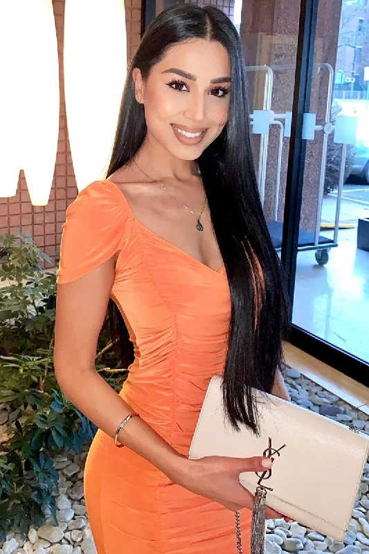 Women's Lace Bodycon Dress -Orange Slinky Ruched Wrap Neckline Bodycon Dress - Helsa