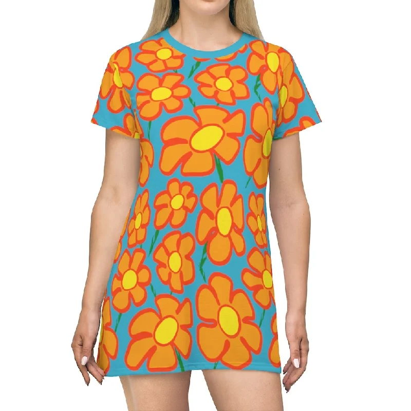 Soft Denim Shirt Dress-Orangeflower Pattern on Cyan - AOP T-Shirt Dress