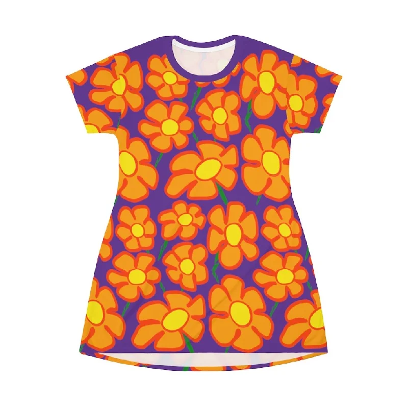 Women's Comfortable Button Shirt Dress-Orangeflower Pattern on Dark Violet - AOP T-Shirt Dress