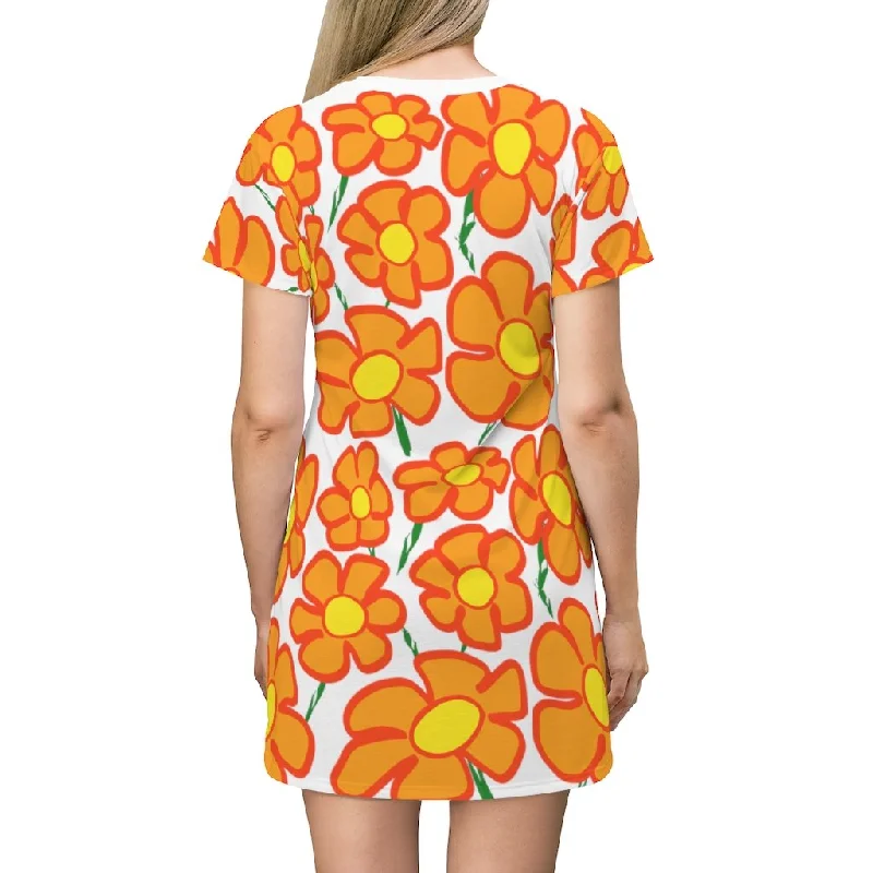 Women's Light Cotton Shirt Dress-Orangeflower Pattern on White - AOP T-Shirt Dress