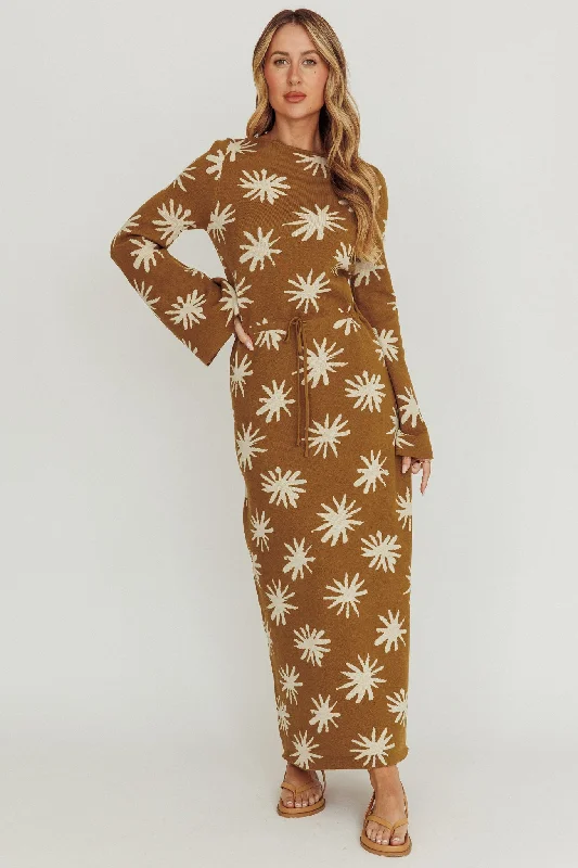 Women's Cowl Neck Maxi Dress-Orleans Star Print Knit Maxi Dress Olive