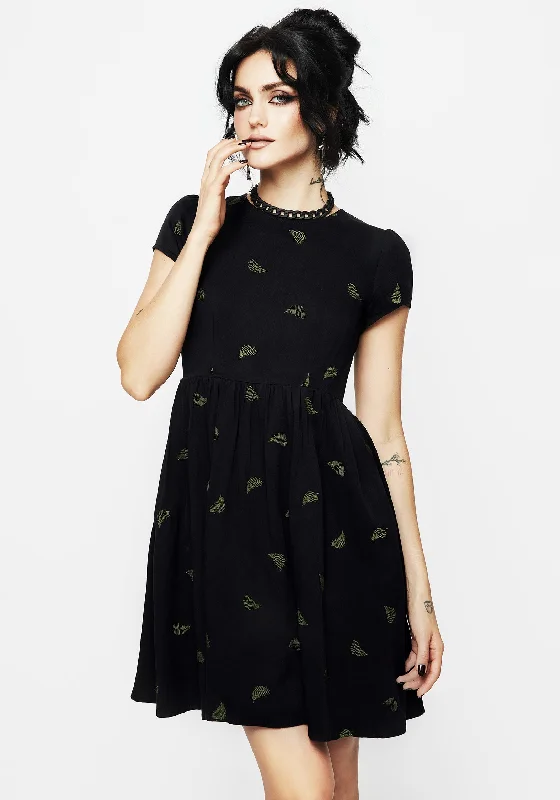 Women's Floral Button-up Mini Dress-Osmunda Fern Embroidered Mini Skater Dress