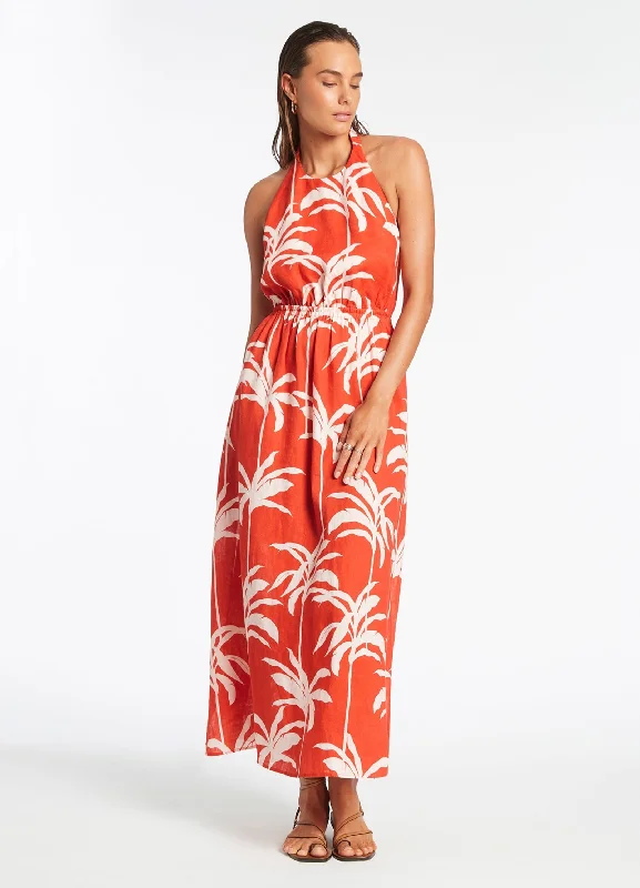 Women's Pink Maxi Dress-Palme Tie Back Maxi Dress - Cherry