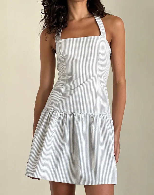 Women's Wide Collar Mini Dress-Panja Mini Dress in Small Stripe Vertical Grey