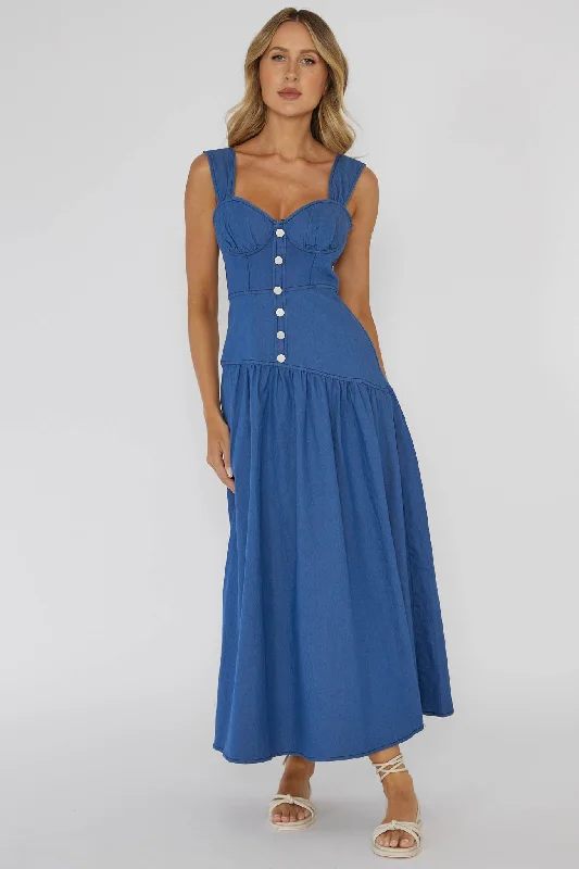 Women's Lace Capped Sleeve Maxi Dress-Pansy Flounce Hem Maxi Dress Blue
