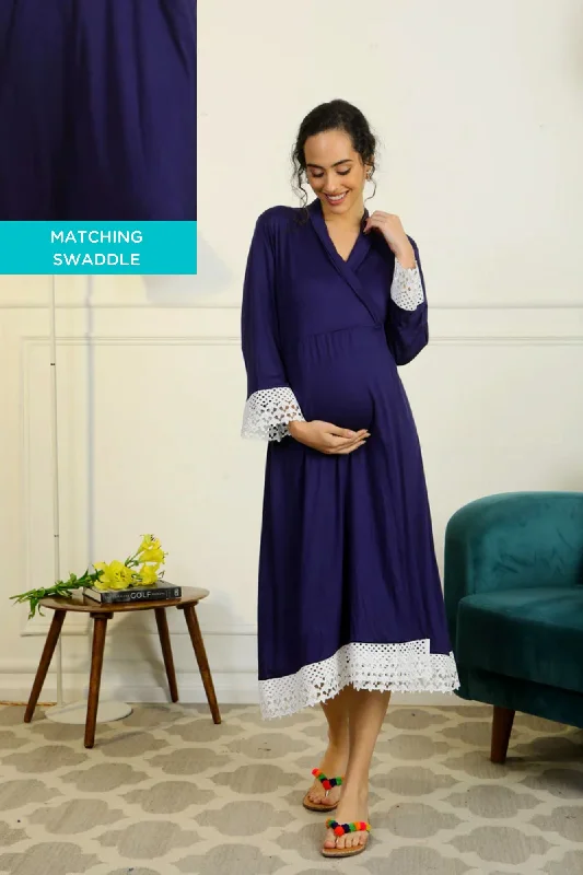 Maternity Dresses with High-Low Design -Paradise Indigo Blue Lycra Maternity & Nursing Wrap Nightwear Dress + Matching Baby Swaddle Set Of 2 Maternity Dresses with High-Low Design -Paradise Indigo Blue Lycra Maternity & Nursing Wrap Nightwear Dress + Matching Baby Swaddle Set Of 2