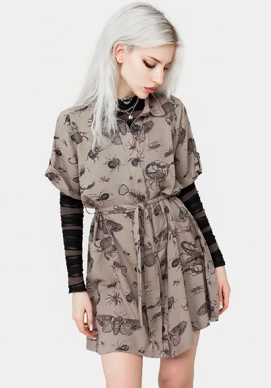 Elegant White Shirt Dress-Parasite Bugs Print Mini Short Sleeve Shirt Dress - Taupe