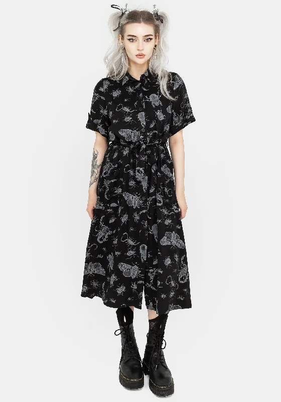 Midi-length Shirt Dress-Parasite Bugs Short Sleeve Midi Shirt Dress - Black