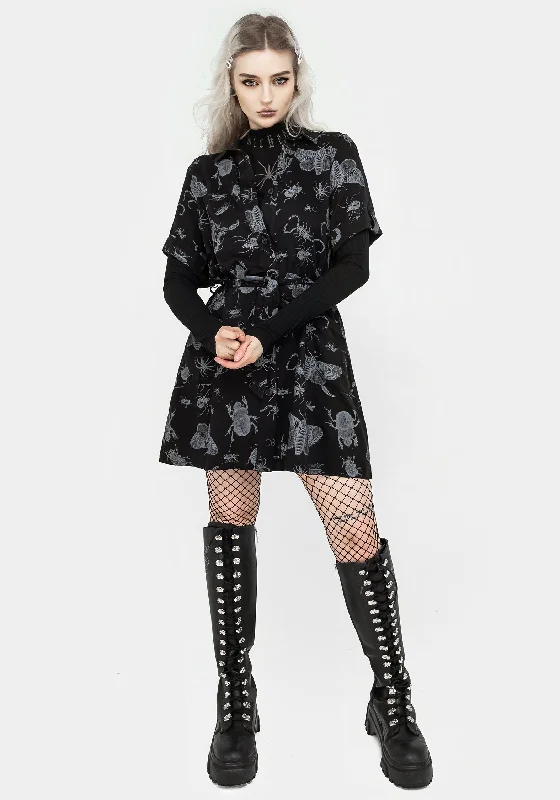 Flared Shirt Dress-Parasite Bugs Short Sleeve Mini Shirt Dress - Black