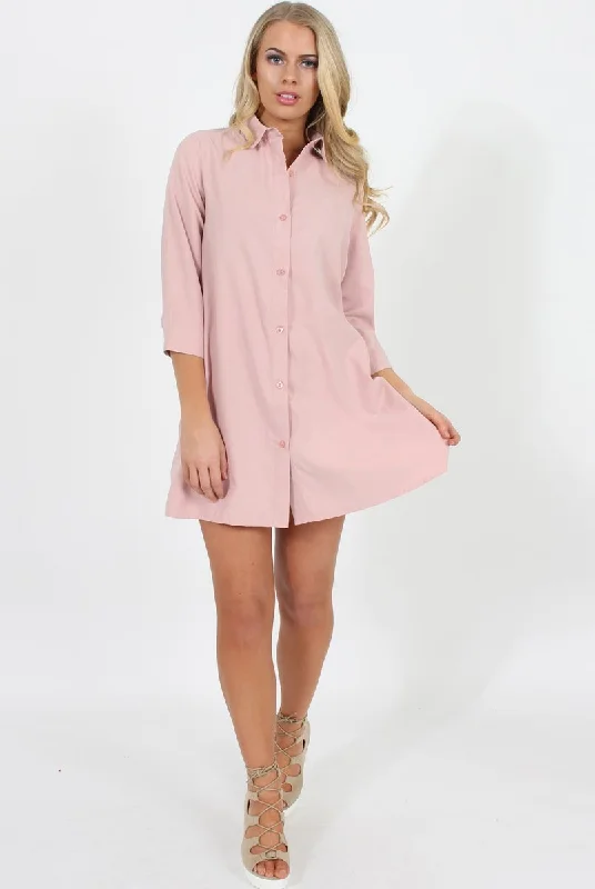 Stylish Checkered Shirt Dress-Pastel Pink Button Front Shirt Dress- Mina