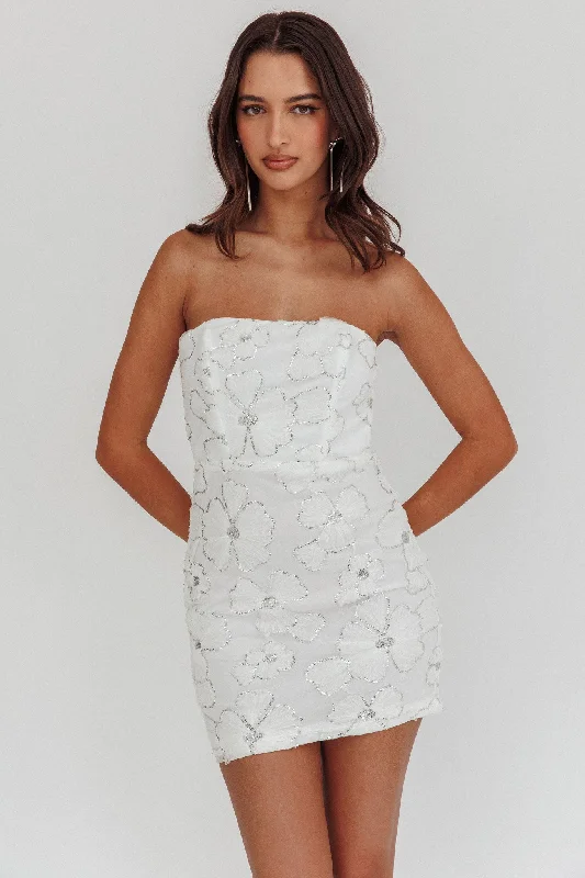 Women's Draped Back Mini Dress-Paulinna Strapless Tied Back Mini Dress Embellished White Women's Draped Back Mini Dress-Paulinna Strapless Tied Back Mini Dress Embellished White