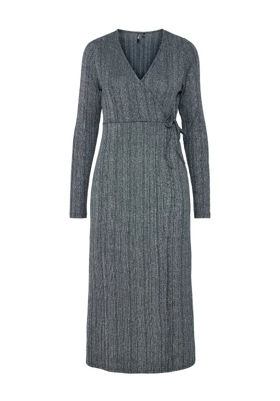 Wrap Dress with Shoulder Cutouts -Wrap Dress for Evening -Pieces Dalilah Glitter Rib Knit Wrap Dress, Silver Wrap Dress with Shoulder Cutouts -Wrap Dress for Evening -Pieces Dalilah Glitter Rib Knit Wrap Dress, Silver