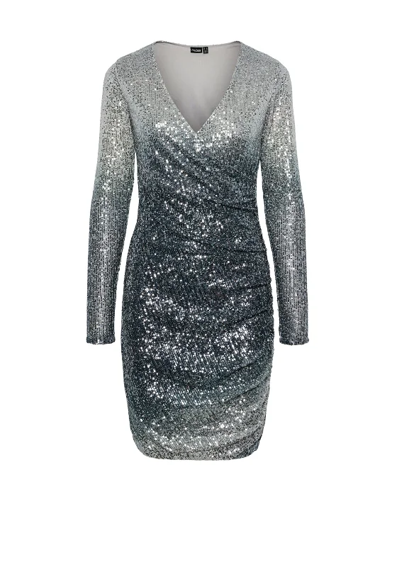 Floral Wrap Dress for Picnic -Boho Wrap Dress -Pieces Delphia Ombre Sequin Wrap Dress, Silver Floral Wrap Dress for Picnic -Boho Wrap Dress -Pieces Delphia Ombre Sequin Wrap Dress, Silver
