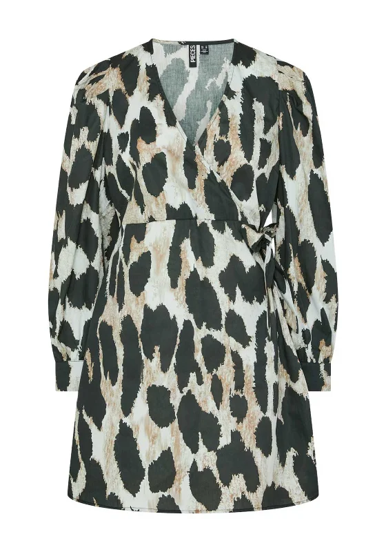 Wraparound Shirt Dress-Pieces Jade Wrap Short Dress, Black Leopard