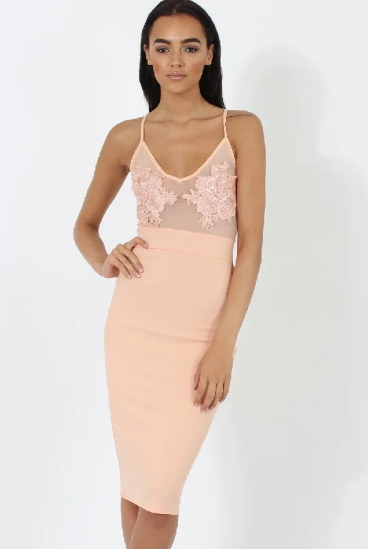 Plus Size Bodycon Dress for Party -Peach Applique Mesh Bodycon Dress - Tallulah