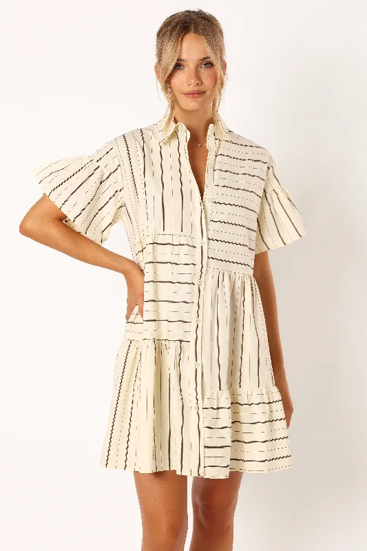 Women's Mini Dress with Peplum-Peachy Mini Dress - Beige Tan