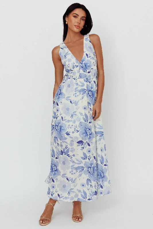 Women's Puff Sleeve Maxi Dress-Perla V-Neck Drawstring Maxi Dress Floral Blue