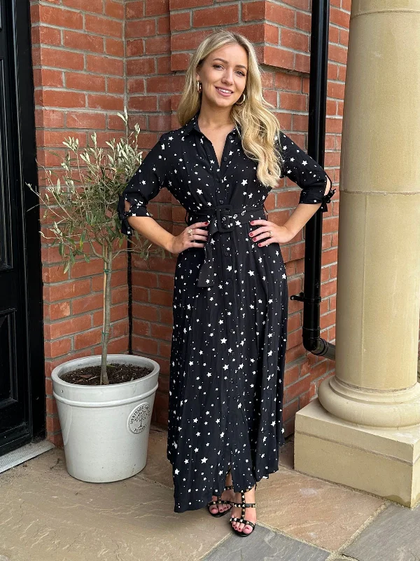 Classic White Shirt Dress-Petite Daphne Belted Shirt Dress / Black and White Star Print