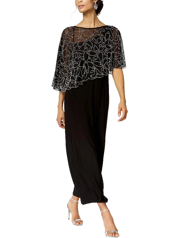 Plunging V-neck Party Dress for Sexy Feel -Petites Womens Beaded Long Evening Dress