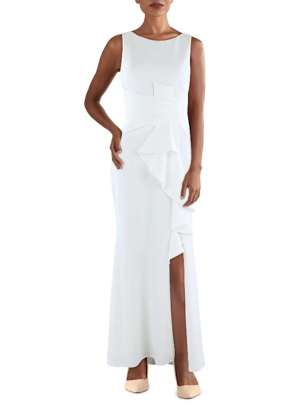 Twisted Bodice Party Dress for Trendy Appeal -Petites Womens Crepe Ruffled Evening Dress Twisted Bodice Party Dress for Trendy Appeal -Petites Womens Crepe Ruffled Evening Dress