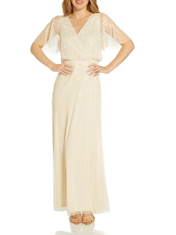 Ruffled Off-the-Shoulder Party Dress for Flirty Vibe -Petites Womens Embellished Cut-Out Evening Dress