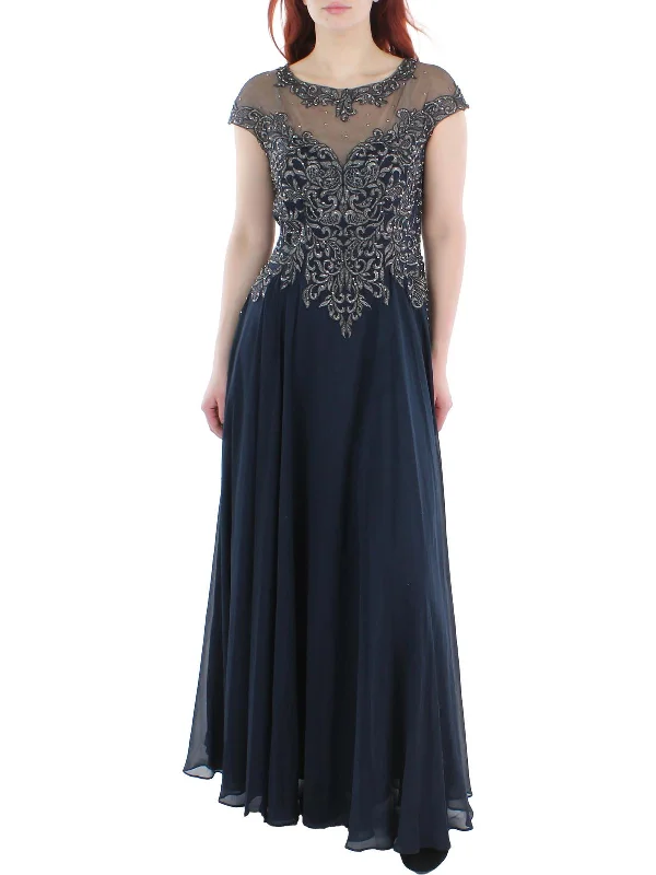 Ruffled Hem Party Dress for Cute Look -Petites Womens Embellished Illusion Evening Dress