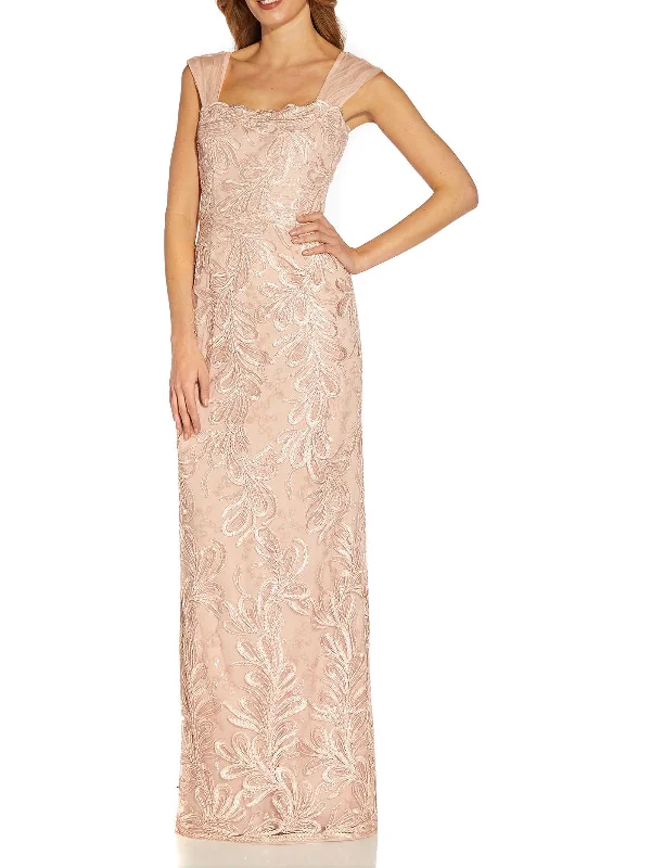 Satin Bias Cut Party Dress for Sleek Style -Petites Womens Embroidered Sleeveless Evening Dress
