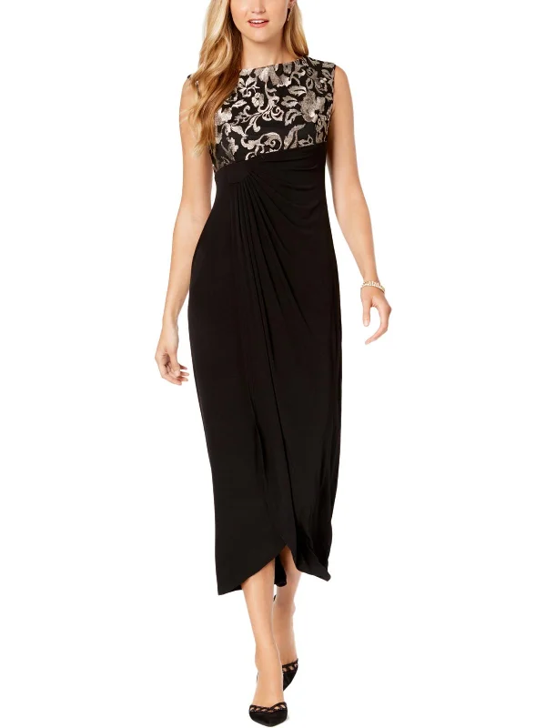 Fitted Satin Party Dress for Sleek Look -Petites Womens Faux-Wrap Embroidered Evening Dress