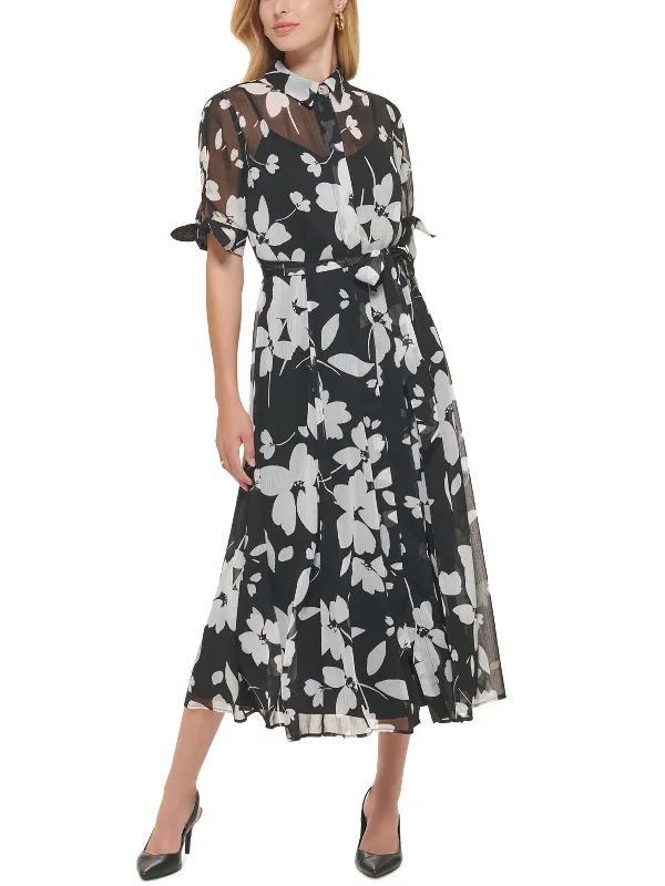 Women's Off-shoulder Shirt Dress-Petites Womens Floral Print Chiffon Shirtdress