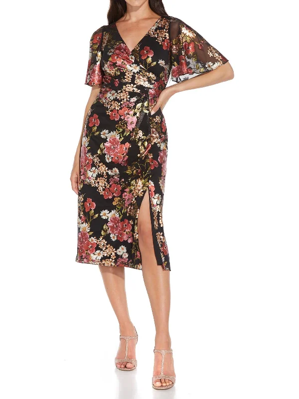 Satin Wrap Party Dress for Luxe Vibe -Petites Womens Foiled Midi Cocktail and Party Dress Satin Wrap Party Dress for Luxe Vibe -Petites Womens Foiled Midi Cocktail and Party Dress