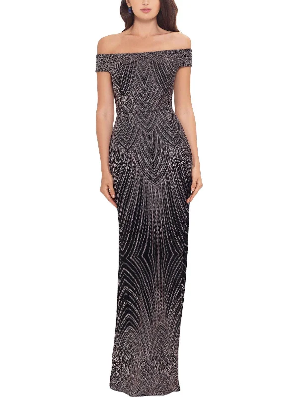 Fit-and-Flare Party Dress for Comfort and Style -Petites Womens Glitter Off The Shoulder Evening Dress