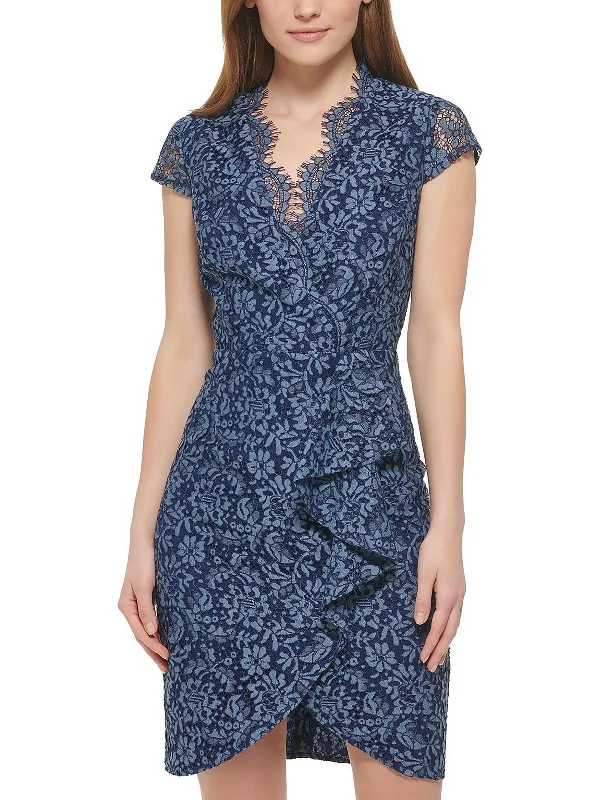Bodycon Dress with Sleeves -Petites Womens Lace Cascade Ruffle Bodycon Dress