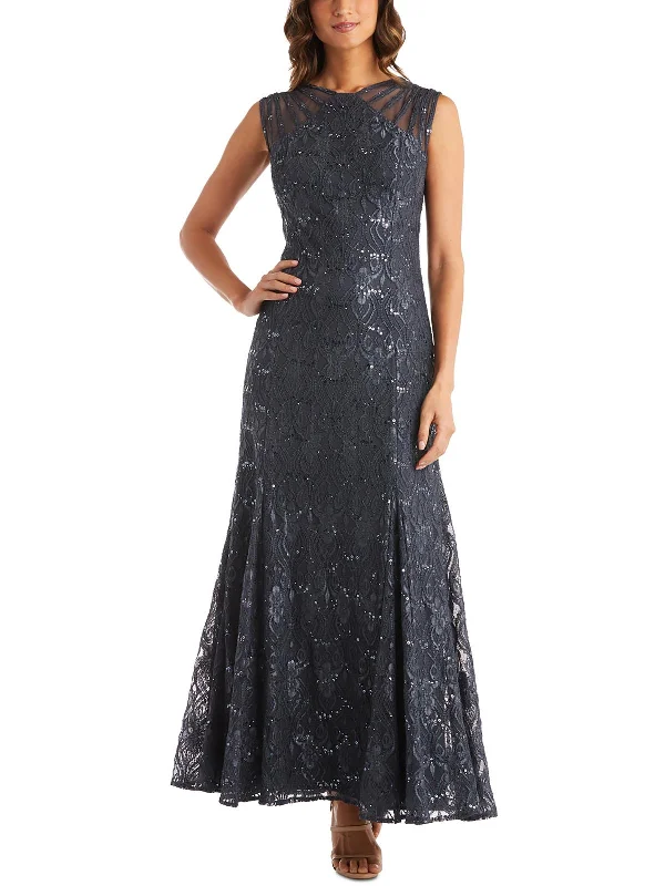 Red Floral Party Dress for Festive Event -Petites Womens Lace Long Evening Dress