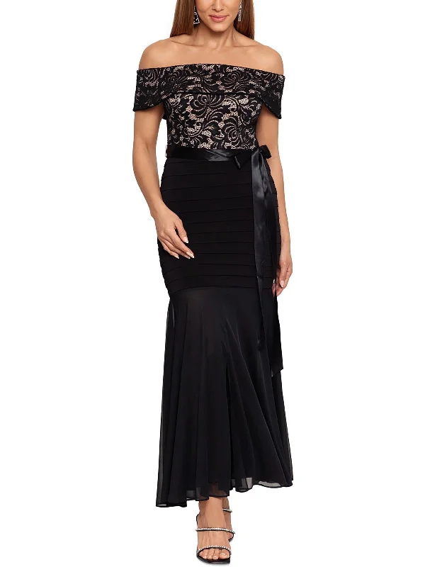 Stretch Fit Party Dress for Comfortable Night -Petites Womens Lace Off-The-Shoulder Evening Dress Stretch Fit Party Dress for Comfortable Night -Petites Womens Lace Off-The-Shoulder Evening Dress