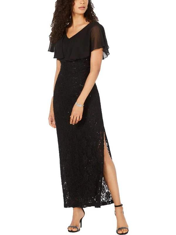 Off-White Party Dress for Winter Weddings -Petites   Womens Lace Overlay Sequined Evening Dress