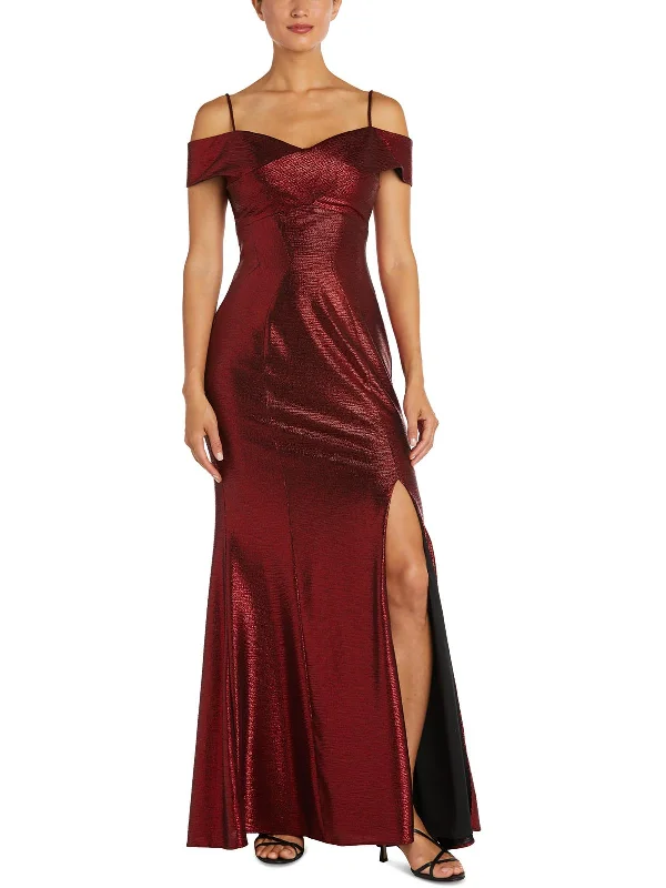 Gold Metallic Party Dress for Shiny Glam -Petites Womens Metallic Off The Shoulder Evening Dress