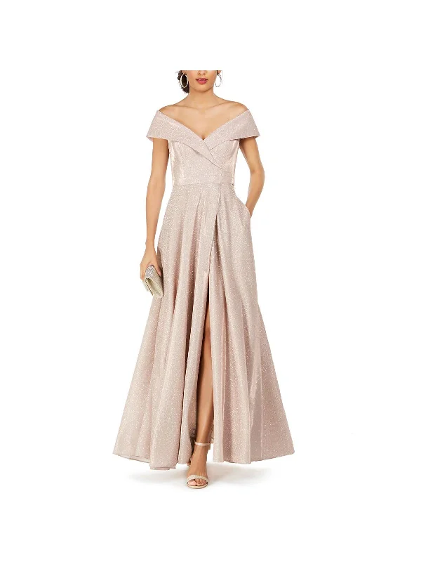 All-Black Party Dress for Versatile Style -Petites Womens Off-The-Shoulder Glitter Evening Dress