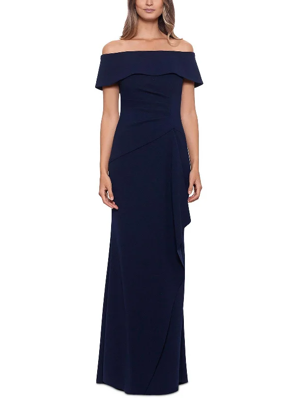 Faux Fur Trim Party Dress for Winter Glam -Petites Womens Off-The-Shoulder Maxi Evening Dress