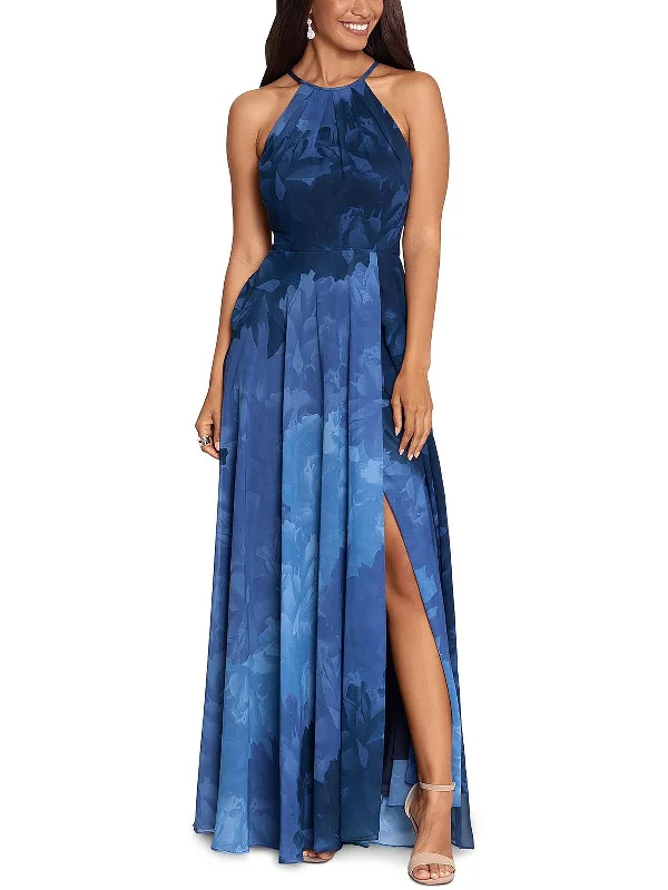 V-neck Satin Party Dress for Sleek Silhouette -Petites Womens Printed Split Hem Evening Dress