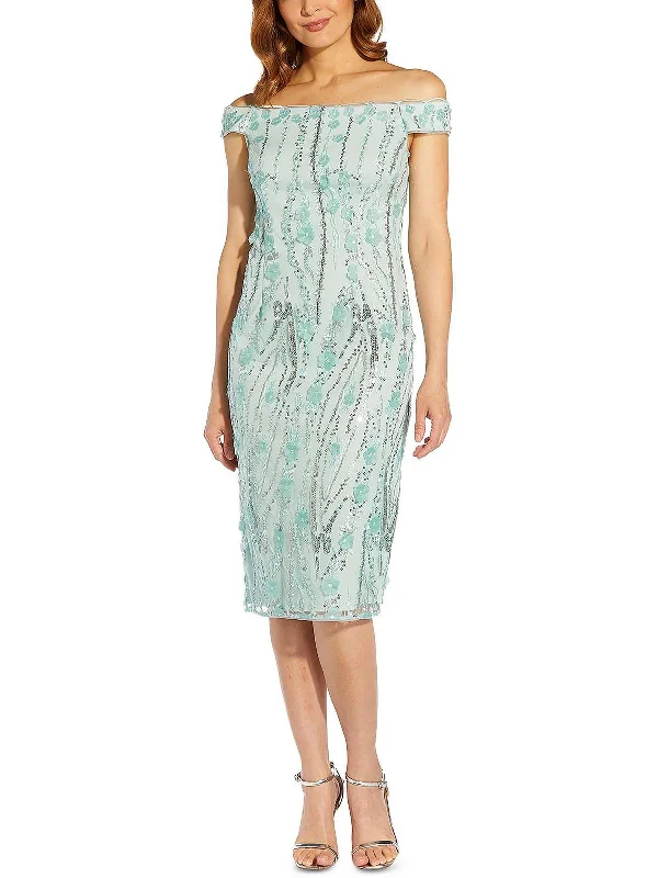 Off-the-Shoulder Sequin Party Dress -Petites Womens Sequined Knee-Length Cocktail and Party Dress